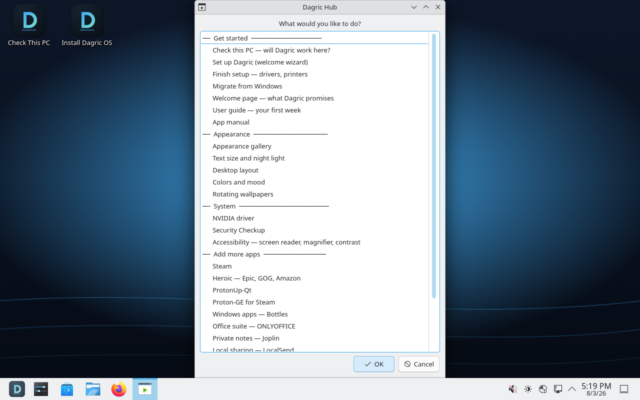 The Dagric Hub window, listing owner tools grouped as Get started, Appearance, System, and Add more apps